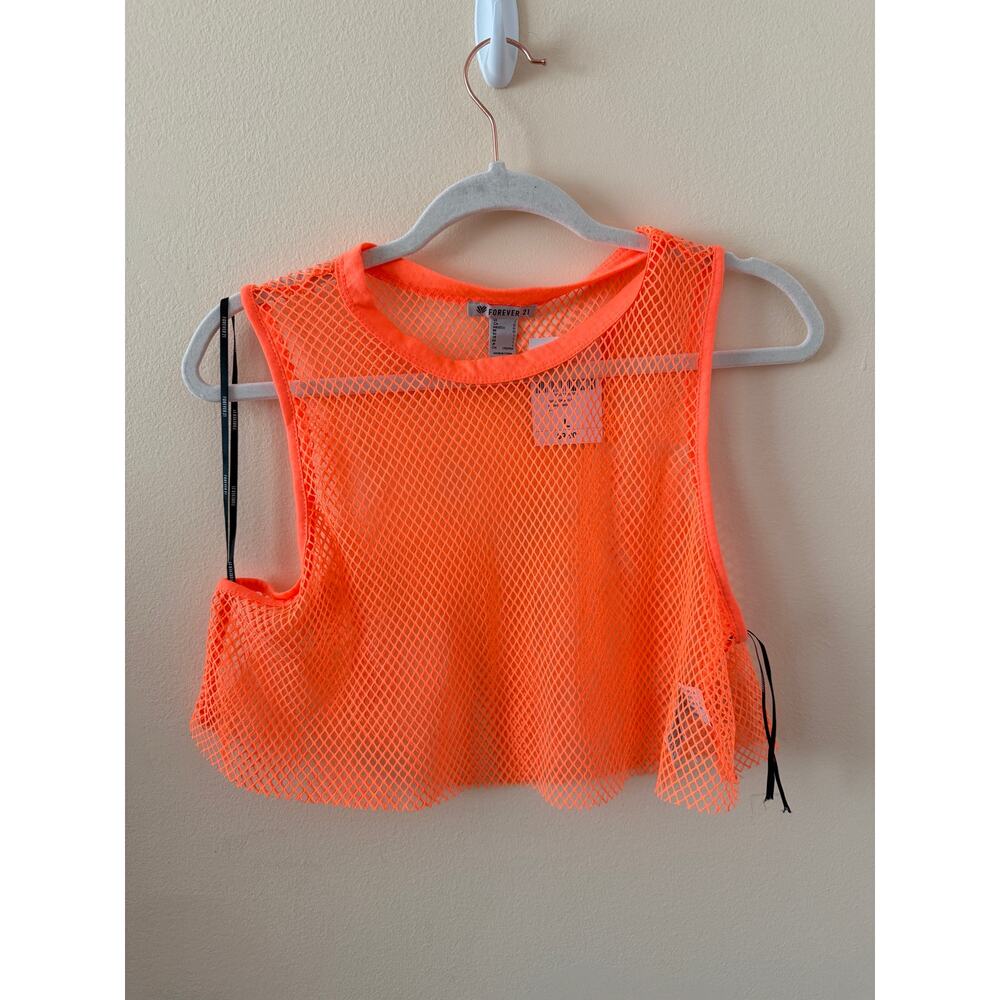 Forever 21 Neon Orange Netted Mesh Crop Top Size L NWT